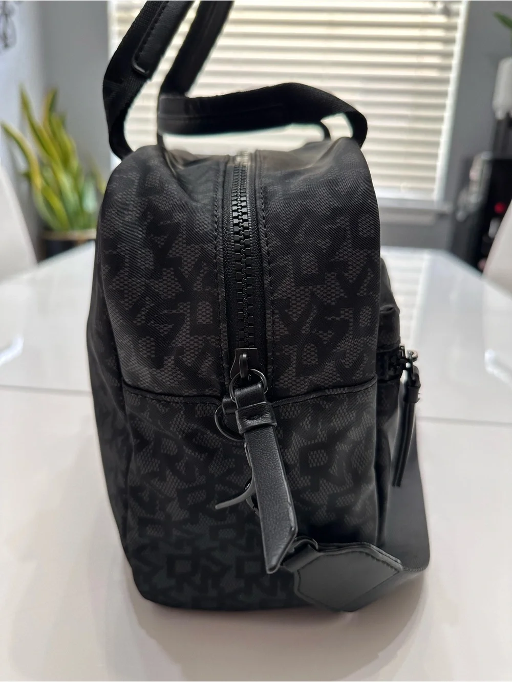 DKNY Damian Satchel Black Grey Monogram Crossbody Bag Utility Tote EUC